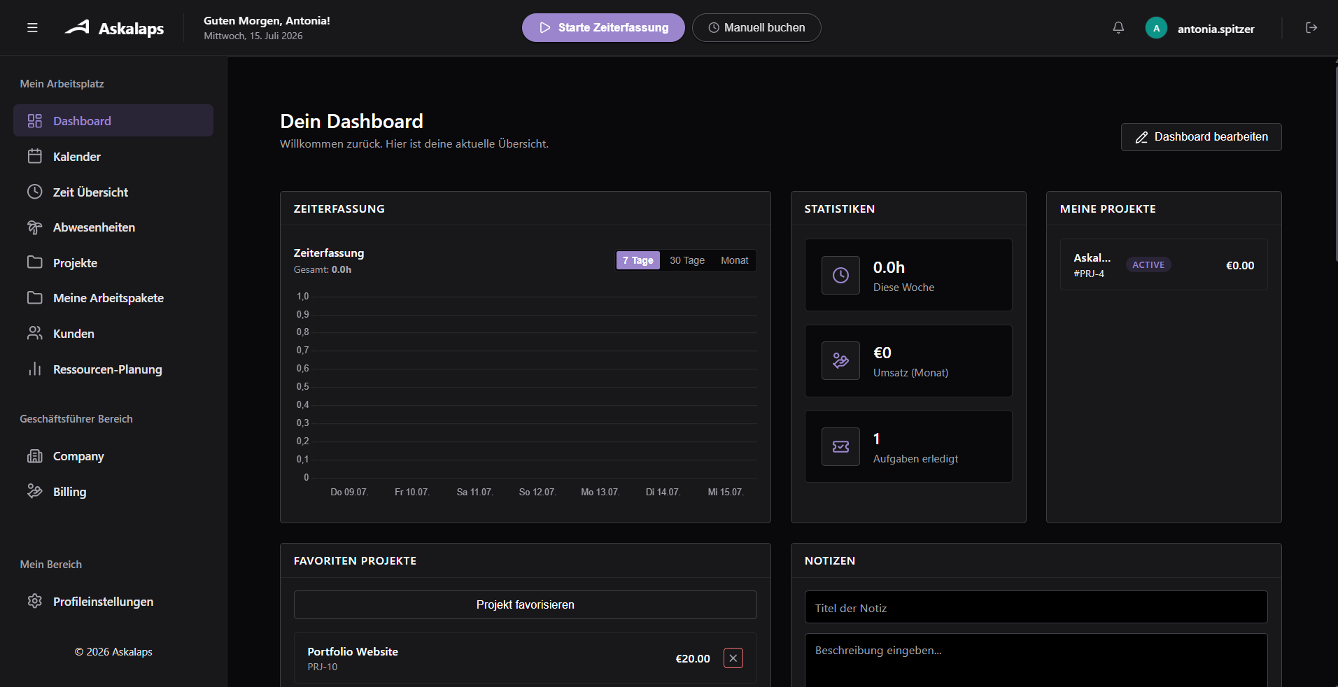 Askalaps Dashboard mit Widget-System