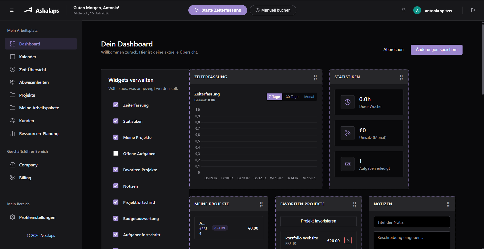Askalaps Dashboard bearbeiten